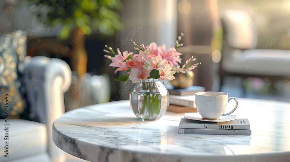 In this 3D-rendered scene, a pristine white marble table serves as the perfect showcase for various products. Books, potted plants, a vase with flowers, and a coffee cup are meticulously arranged