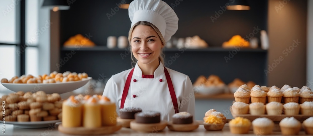 woman in chef uniform holding a tray full of assorted cupcakes. The cupcakes are exquisitely decorated, showing different colors and toppings. woman in chef uniform holding a tray full of assorted cupcakes. The cupcakes are exquisitely decorated, showing different colors and toppings.