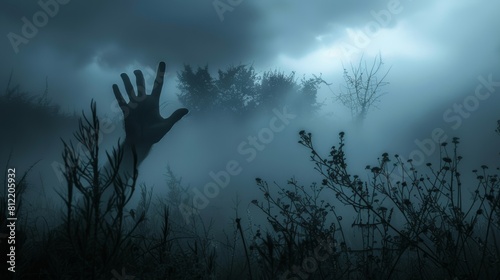 Misty forest scene with an eerie hand reaching out - suitable for horror or Halloween themes