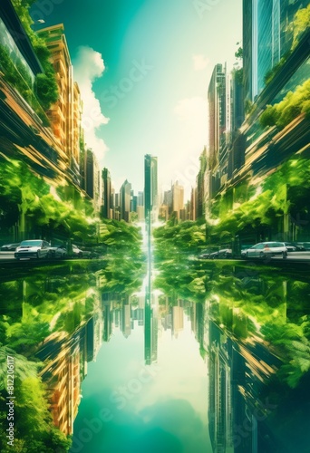 illustration, urban landscape merging natural scenery double exposure, cityscape, nature, skyline, trees, buildings, forest, skyscrapers, mountains, sunset