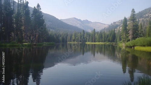 A serene lake nestled among towering pine trees, reflecting the surrounding mountains © Nature Creative