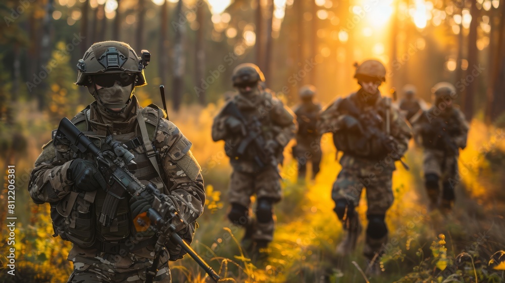 Fototapeta premium Group of military soldiers advancing through forest at sunset in strategic maneuver