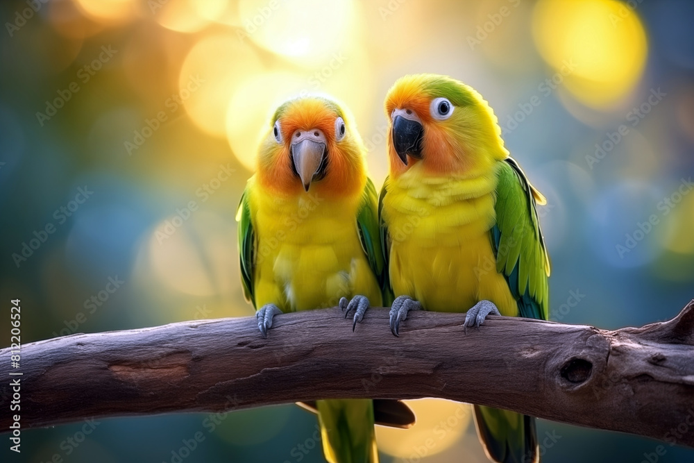 Obraz premium Two yellow and green parrots sitting on a branch with bokeh background