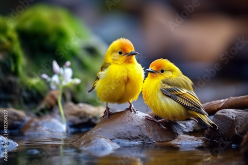 Close up of a small yellow bird sitting on a rock in a river. Shallow depth of field. © ako-photography