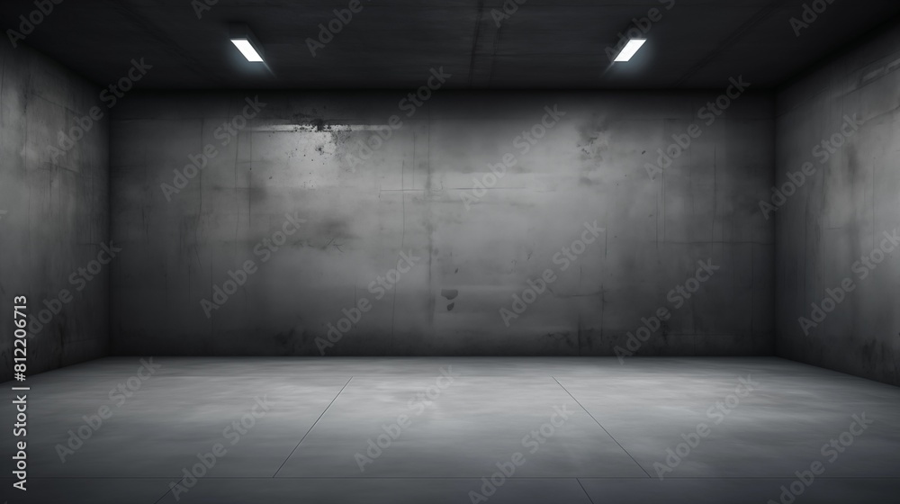 An empty industrial-style room with concrete walls and symmetrical overhead lighting An empty industrial-style room with concrete walls and symmetrical overhead lighting