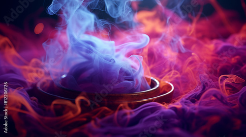 A burst of colorful smoke rising from a burning incense burner, its wispy tendrils swirling in a mesmerizing pattern.