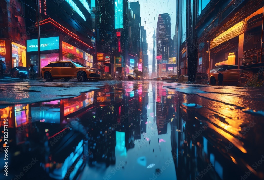 illustration, city puddles reflecting urban landscape after rainfall, reflection, water, pavement, buildings, street, sidewalk, cityscape, wet, mirror, surface