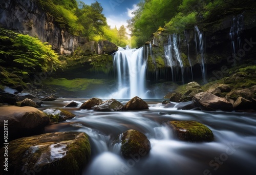 illustration, spectacular long exposure waterfall capturing flowing cascades motion, nature, landscape, scenic, slow, shutter, blurred, stream, river © Yaraslava