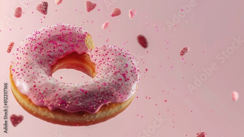 3D illustration of a Sprinkled Pink Donut soaring through the air in a heart shape complete with a clipping path
