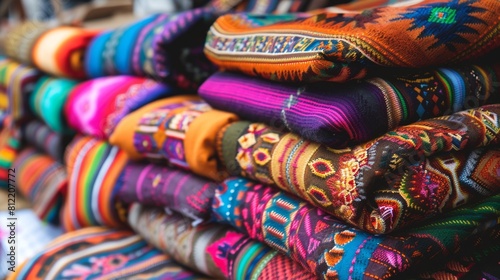 Vibrant Stack of Traditional Textiles with Exotic Patterns © Rade Kolbas