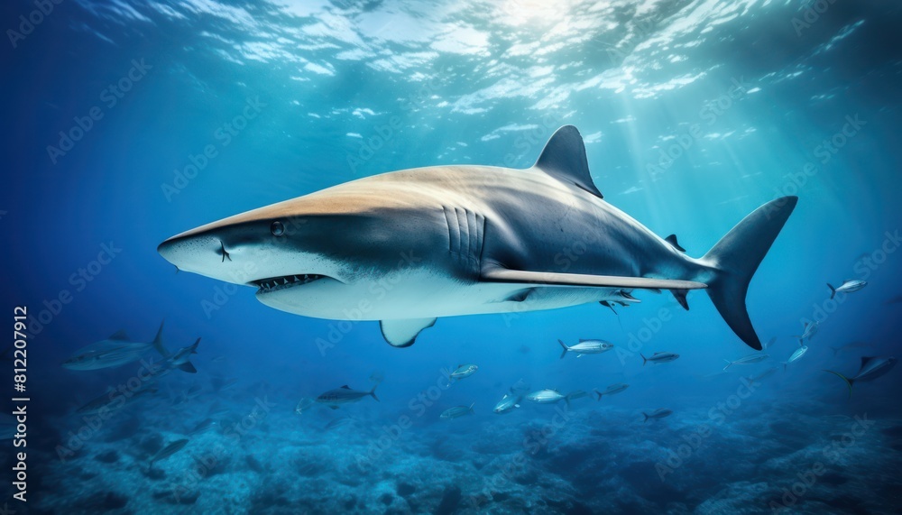 Fototapeta premium The great White Shark in the ocean, portrait of White shark hunting prey in the underwater