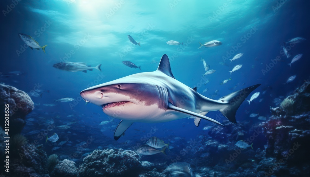 Fototapeta premium The great White Shark in the ocean, portrait of White shark hunting prey in the underwater