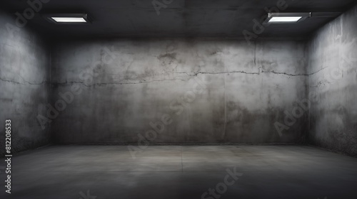 An empty industrial concrete room with fluorescent ceiling lights photo