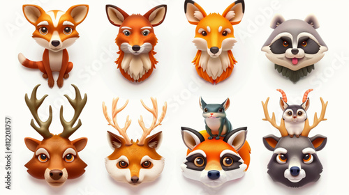 Cute woodland animals. Forest beasts bear, hare and fox, elk and squirrel, wild boar and deer, wolf and snake, badger and raccoon, beaver. Vector set 3D avatars set vector icon, white background, blac