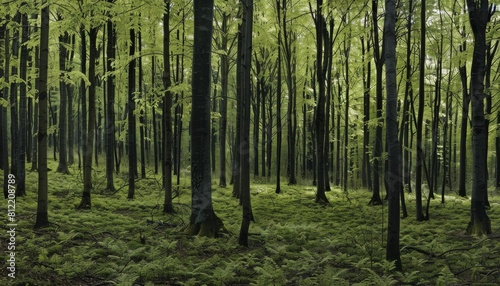 A serene image capturing the beauty of a dense forest with sunlight filtering through the canopy of bright green leaves