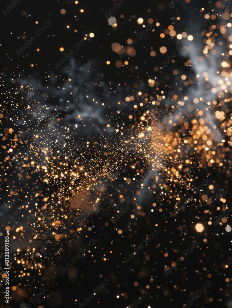Close-up of warm golden sparkles and bokeh lights on a dark backdrop, resembling a festive or magical atmosphere