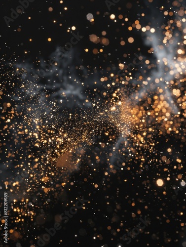 Close-up of warm golden sparkles and bokeh lights on a dark backdrop, resembling a festive or magical atmosphere © Vuk