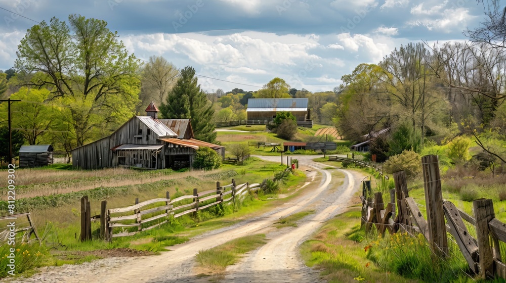 Nature Trail through a Rural Village: A winding nature trail meanders through a rural village, passing by small farms, rustic barns, and cheerful gardens along the way Nature Trail through a Rural Village: A winding nature trail meanders through a rural village, passing by small farms, rustic barns, and cheerful gardens along the way