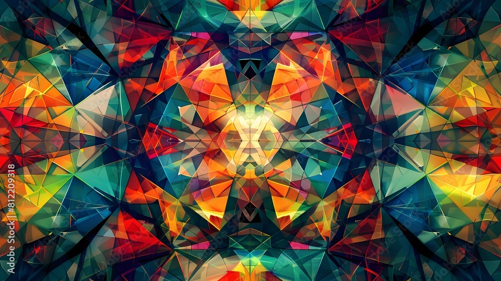 Create a vibrant mosaic of geometric shapes merging into a kaleidoscopic whirl.