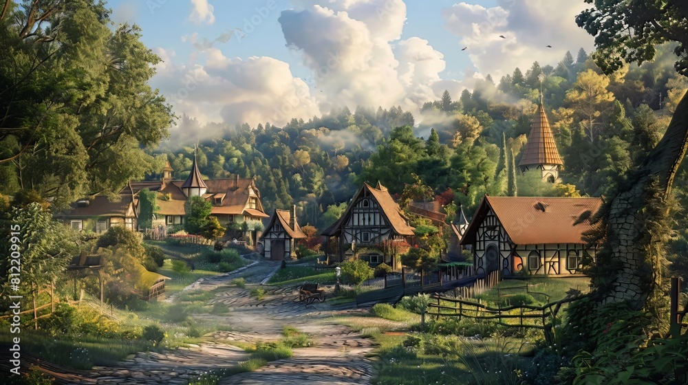 Quaint Village in the Countryside: Tucked away in the rolling hills, a quaint village stands surrounded by lush fields and forests, its cobblestone streets and charming cottages exuding a sense of tim Quaint Village in the Countryside: Tucked away in the rolling hills, a quaint village stands surrounded by lush fields and forests, its cobblestone streets and charming cottages exuding a sense of tim