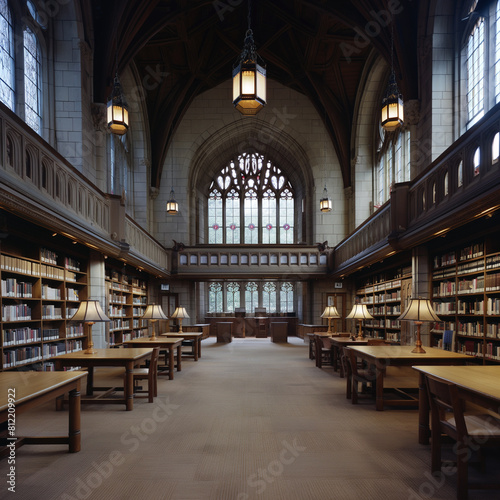 Captivating image showcasing a spacious library interior with high gothic style arches and warm wood © Layan