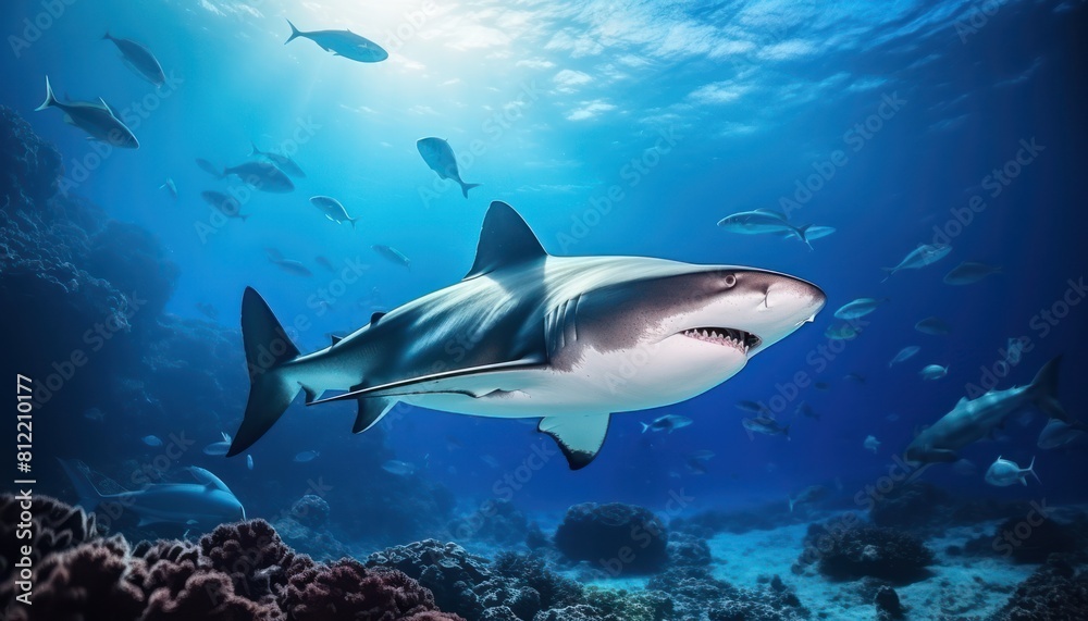 The great White Shark in the ocean, portrait of White shark hunting prey in the underwater