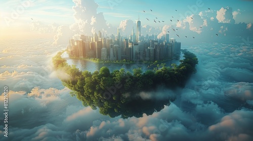 A breathtaking fantasy concept of an eco-friendly floating city above the clouds as the sun rises, representing utopia or an advanced civilization photo