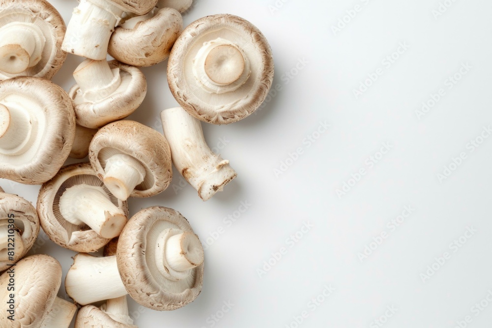 A group of mushrooms on a white surface. Generative AI. A group of mushrooms on a white surface. Generative AI.
