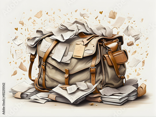 Exploding briefcase with papers flying everywhere