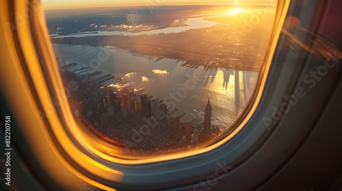 Scenic Sunset View from Airplane Window, Aerial Cityscape Glow. Travel Photography, Concept of Flying, Travel, and Adventure. AI