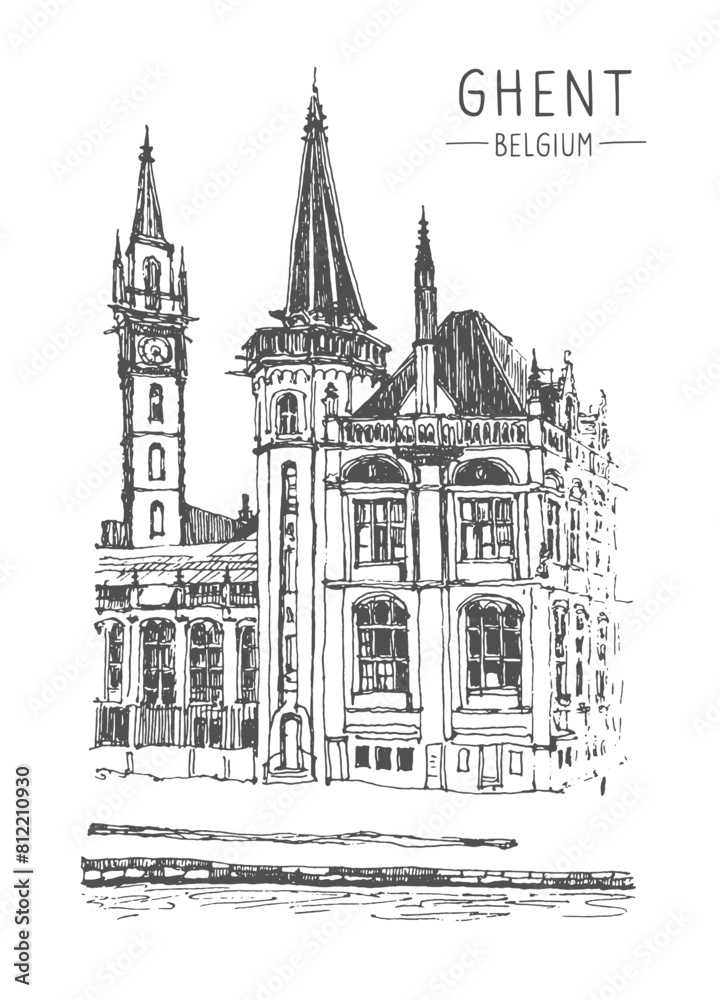 Travel sketch of Ghent, Belgium. Historical building line art. Freehand drawing. Hand drawn travel postcard. Hand drawing of Ghent. Urban sketch in black color isolated on white background.