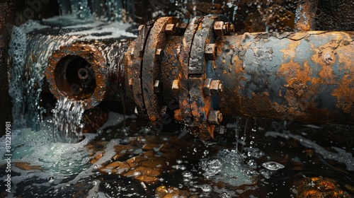 Rusty industrial pipe leaking into water as an environmental issue concept