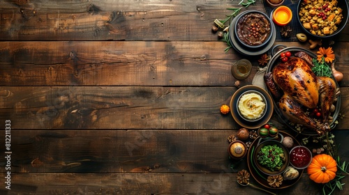 In a top-view double border arrangement against a dark wood banner background, a traditional Thanksgiving turkey dinner is elegantly presented.
