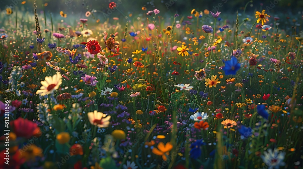Field of Wildflowers: A sprawling field is alive with blooming wildflowers, each bloom swaying in the wind, creating a sea of color Field of Wildflowers: A sprawling field is alive with blooming wildflowers, each bloom swaying in the wind, creating a sea of color