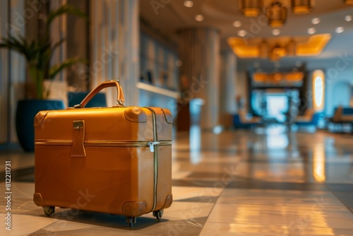 A gold suitcase rests on the hardwood floor in the hotel lobby. travel and trip service concept