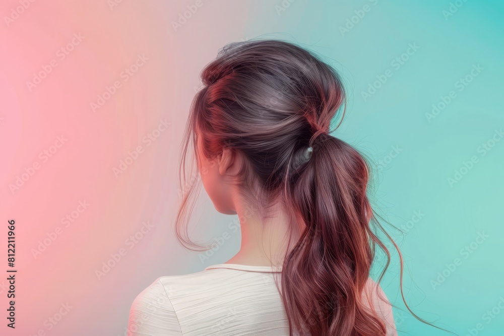 Women's ponytail , taken from behind, pastel background Women's ponytail , taken from behind, pastel background