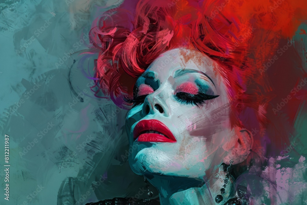 Portrait of a drag queen with red hair ,white face, red lips 