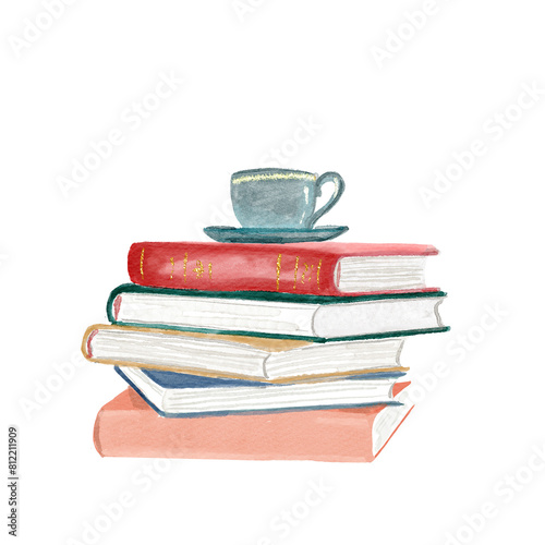 watercolor illustration of a stack of books with a coffee cup on top. isolated on white