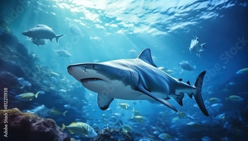 The great White Shark in the ocean, portrait of White shark hunting prey in the underwater