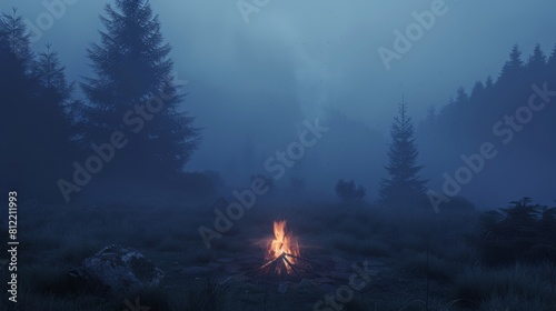 Serene campfire by a foggy lakeside for outdoor adventure themes
