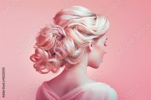 Women with pink hair wedding bun hairdo and wedding dress with pastel background