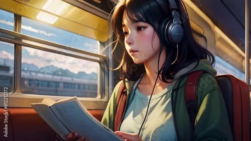 Pensive Young Girl Listening to Music on a Train 4K Loop features an A.I. generated video of a sad young girl listening to music on headphones and glancing down at a book in her hands in a loop.