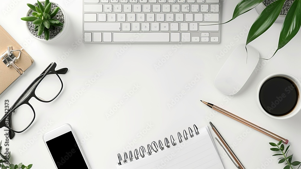 The overhead shot captures a clean and organized office desk, providing ...