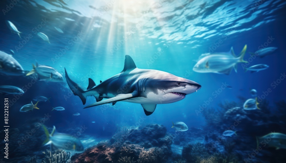 The great White Shark in the ocean, portrait of White shark hunting prey in the underwater The great White Shark in the ocean, portrait of White shark hunting prey in the underwater