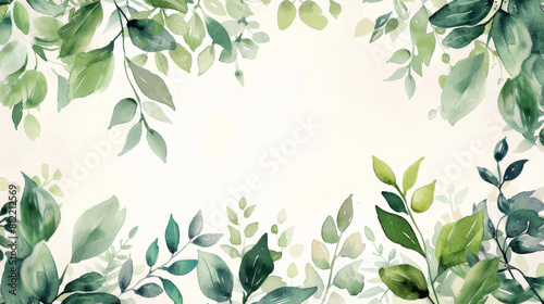 A delicate frame made of various green watercolor leaves, bringing a fresh and organic touch to this airy and light botanical illustration. photo