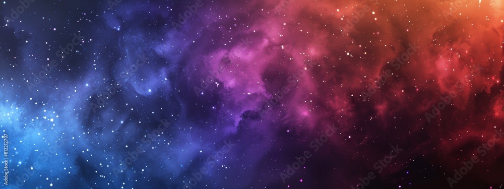 Panoramic image of a striking space scene displaying a gradient from cool blues to warm reds, reminiscent of a distant nebula peppered with stars, ideal for backgrounds or space-themed designs