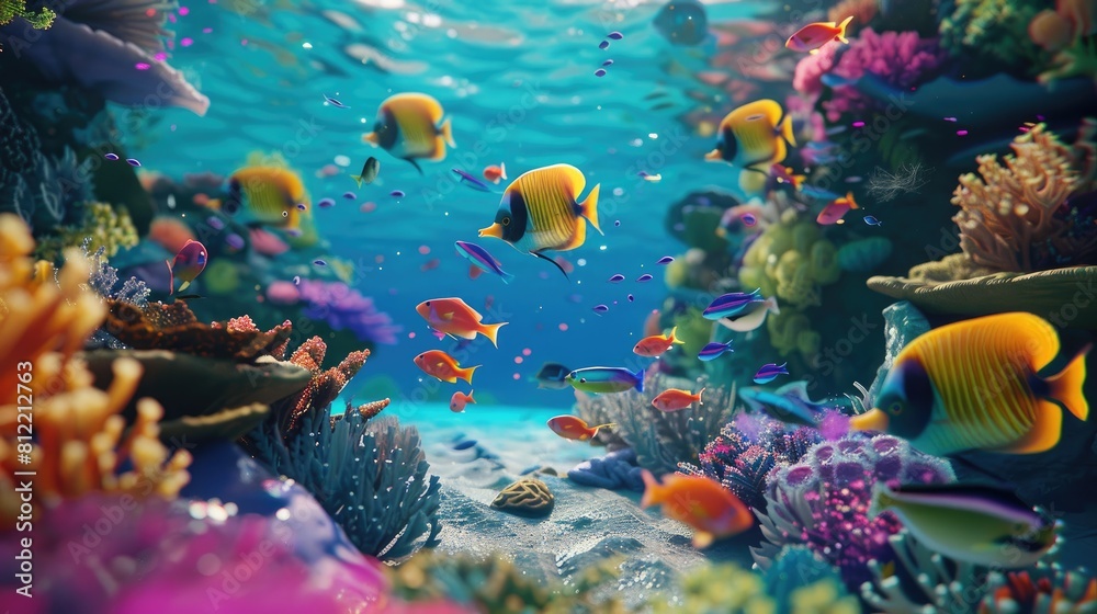 Obraz premium A vibrant 3D illustration depicting colorful tropical fish swimming in a coral reef beneath the sea
