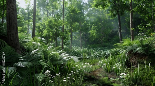 Serene green forest with sunlight filtering through the trees, perfect for Earth Day themes