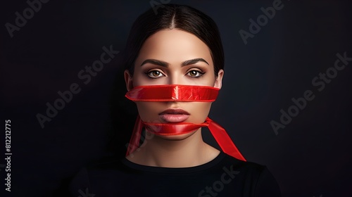 Portrait of a woman with red ribbon on face against a dark backdrop. Creative concept, beauty shot. Expressive and stylish photography. AI