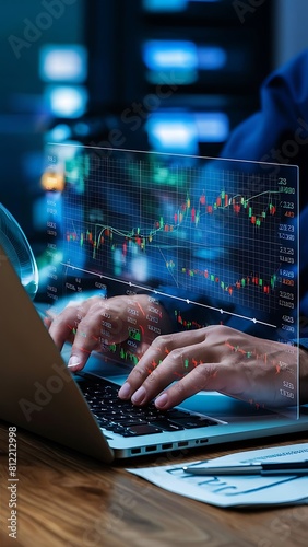 Hands on a laptop analyzing stock market trends and investment portfolios through virtual trading platforms. Fintech and digital finance.